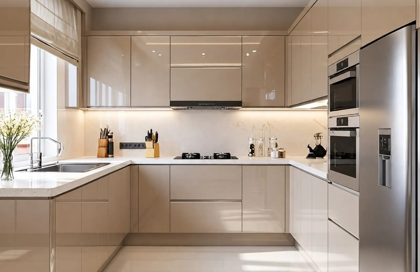 Taupe high-gloss U-shaped kitchen with integrated ovens