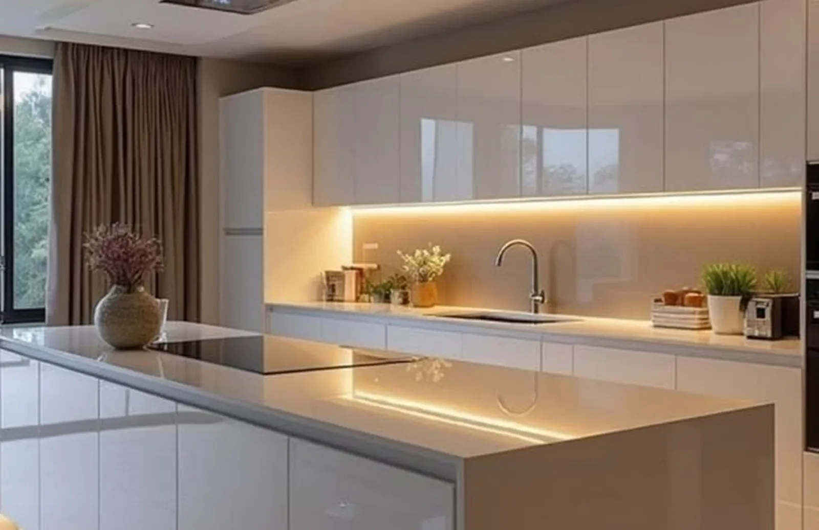 White high-gloss kitchen with an LED-lit splashback and island