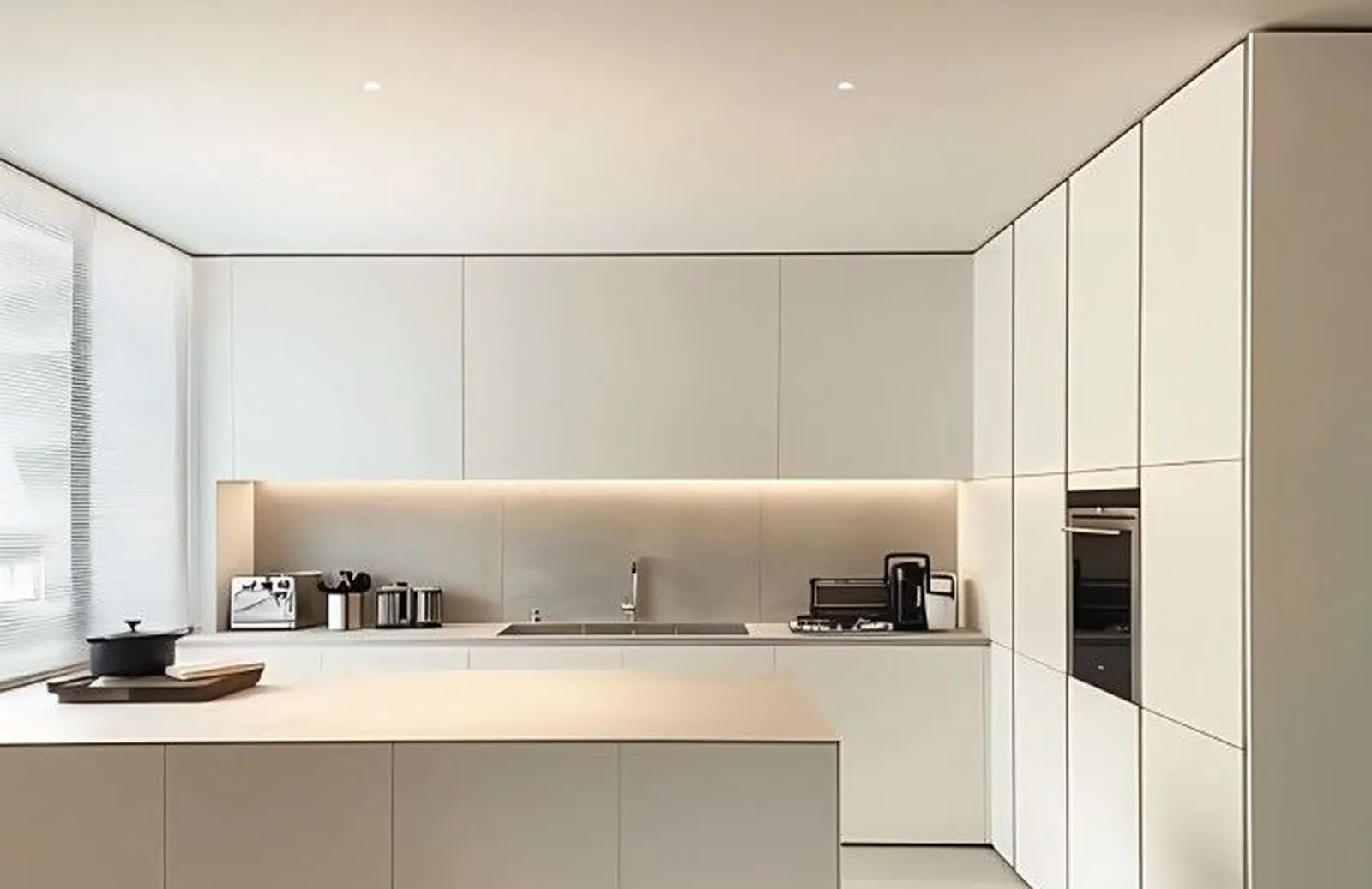 Minimal handleless kitchen with a full-height pantry wall