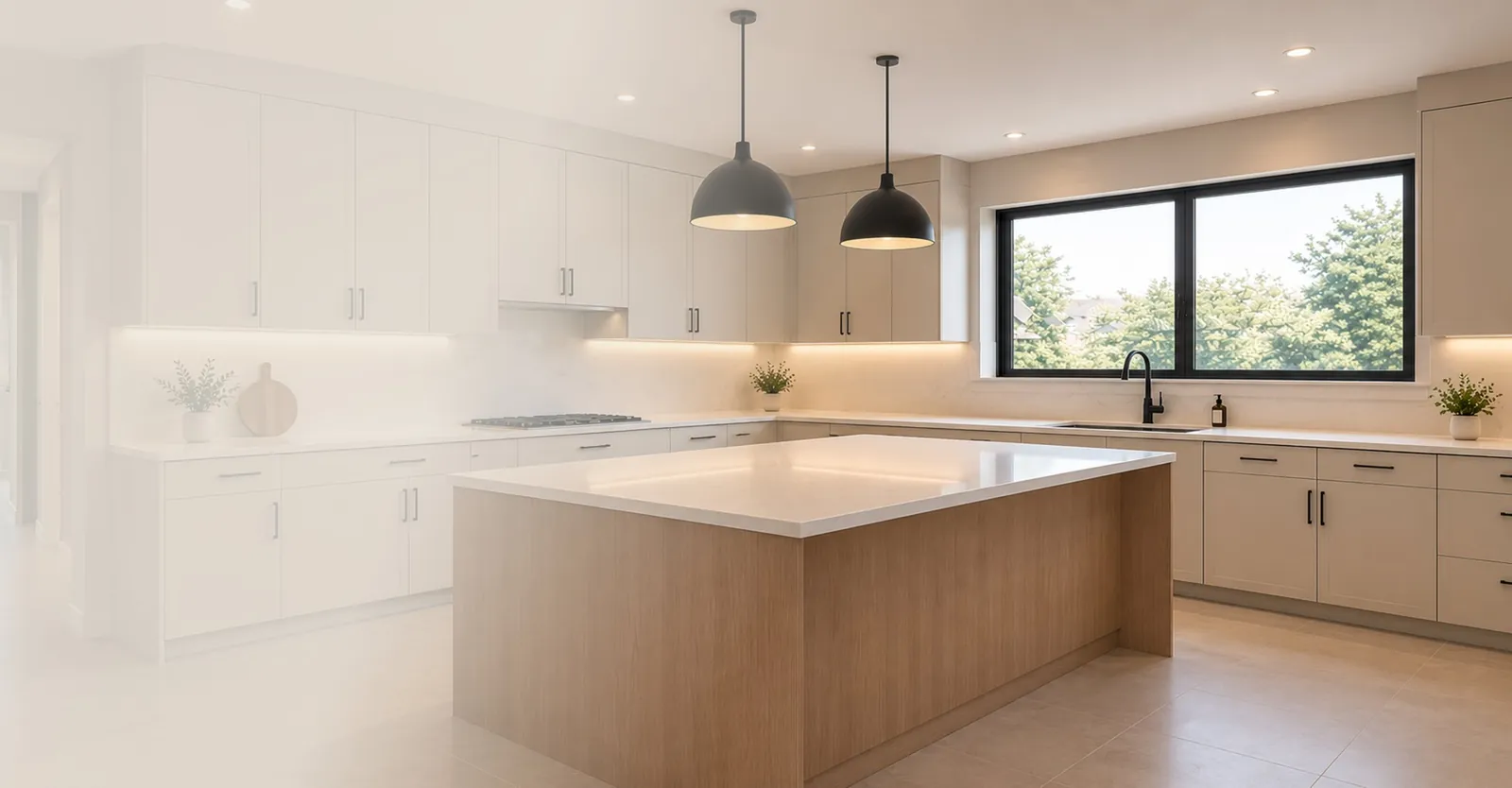 Bright modern kitchen with a wood island and black pendant lights