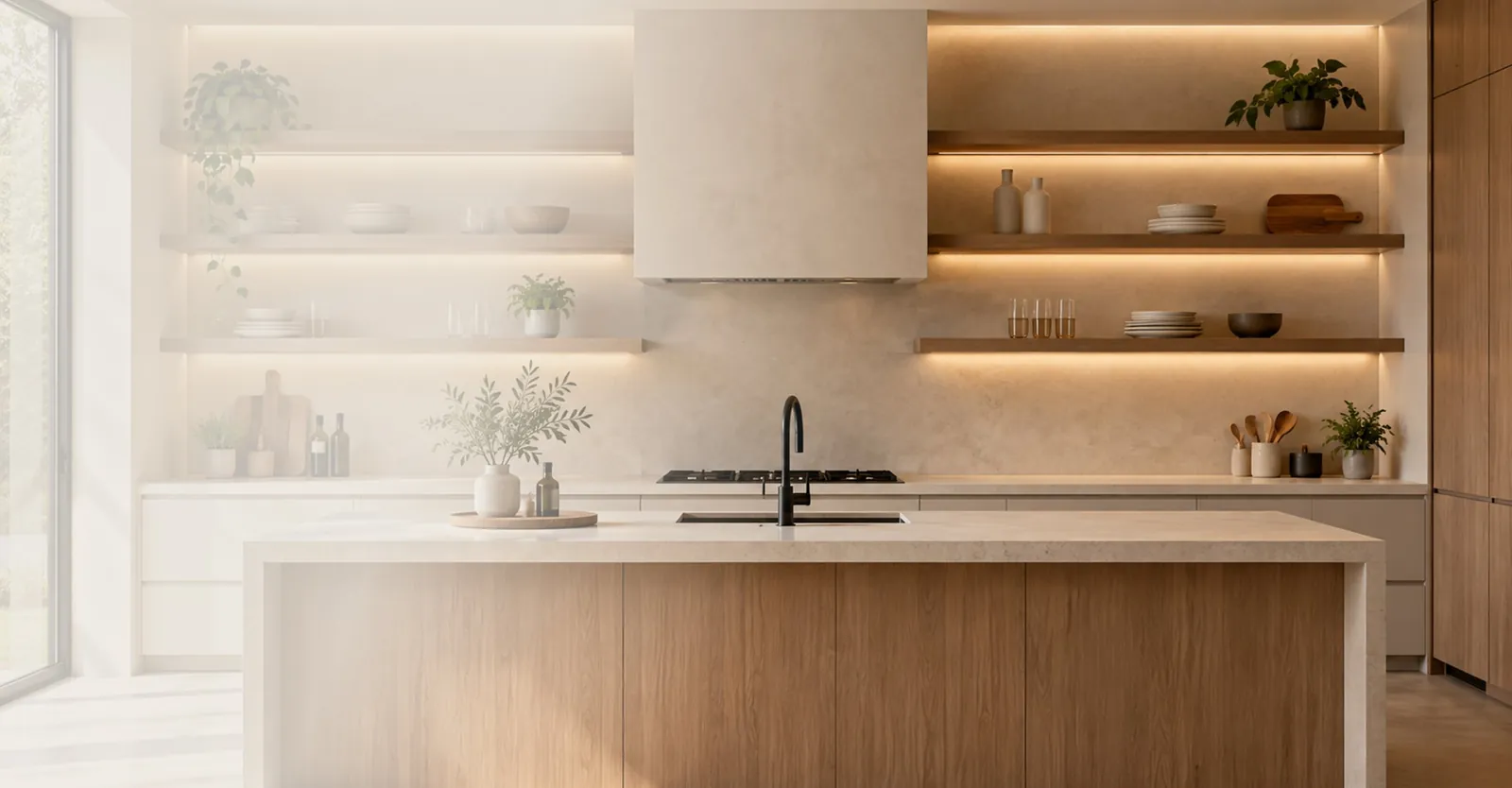 Kitchen with floating oak shelves, a stone hood and a wood island