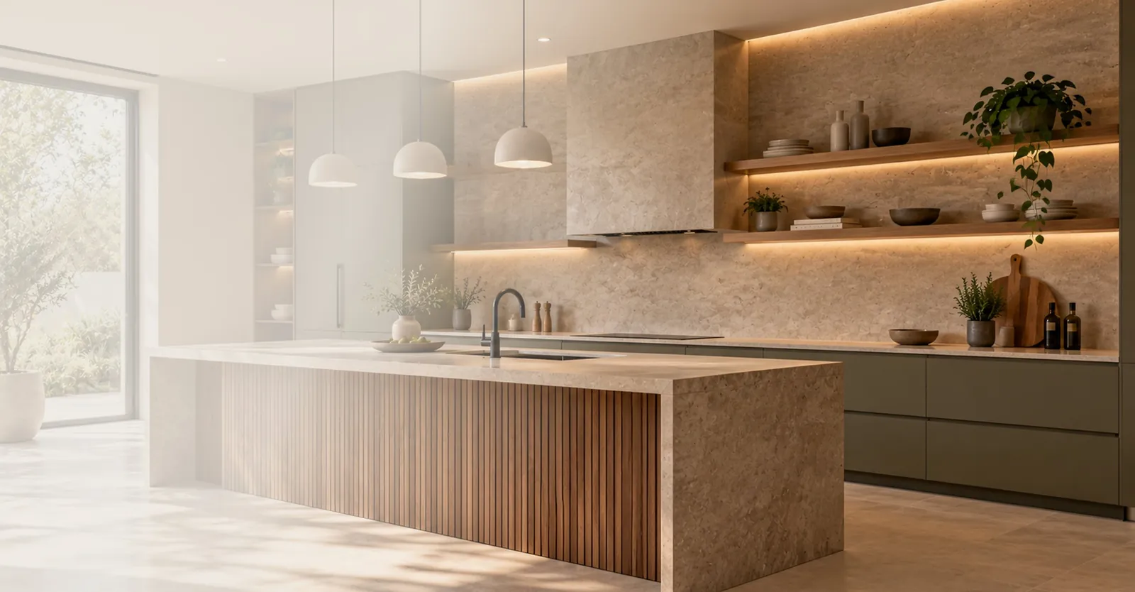 Kitchen with a fluted walnut island, stone backsplash and olive cabinetry