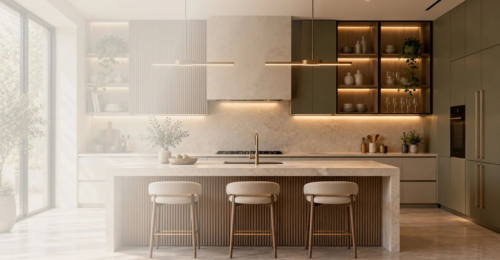 Kitchen with a stone island, fluted panels, lit display cabinets and bar stools